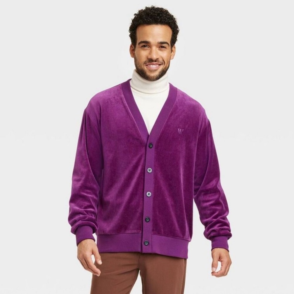 HOUSTON WHITE UNISEX PURPLE VELOUR BUTTON DOWN CARDIGAN 2XL XXL NWT